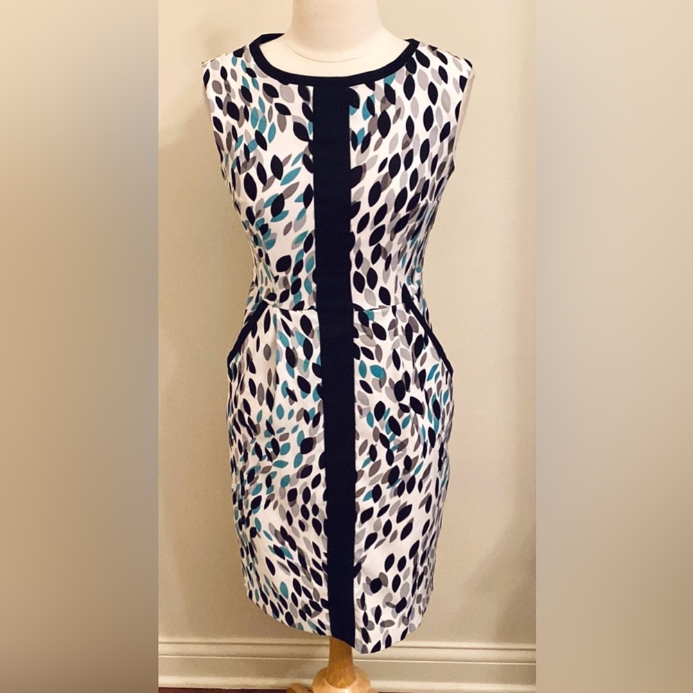London Times Black White Teal Leaf Print SZ 6 Modern Cocktail Party Sheath Dress